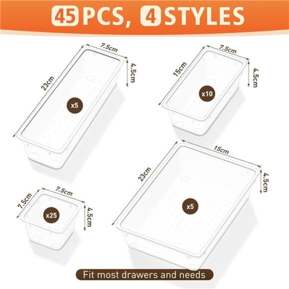 45 PCS Clear Drawer Organizers Set Plastic Storage Bins Trays for Makeup Kitchen - Picture 3 of 7